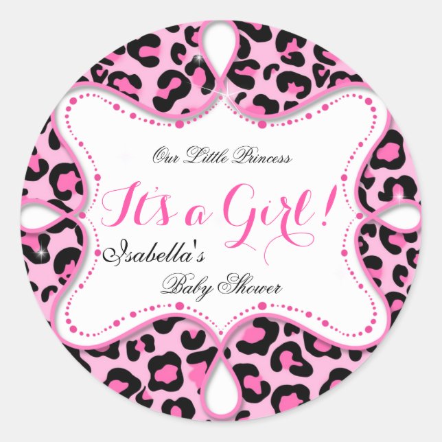 Princess Baby Shower Girl Pink Leopard Runder Aufkleber (Vorderseite)