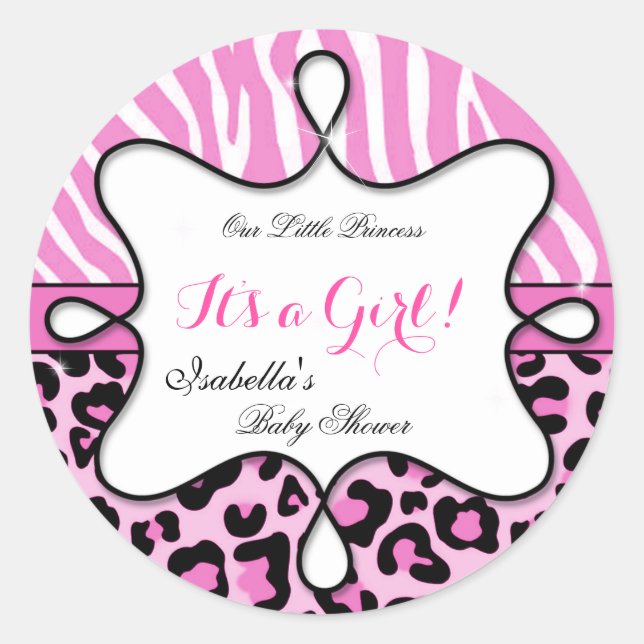 Princess Baby Shower Girl Pink Leopard Zebra Runder Aufkleber (Vorderseite)