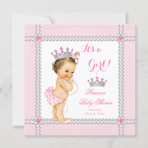 Princess Baby Shower Girl Pink Pearls Brünett Einladung