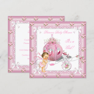 Princess Baby Shower Girl Pink Pearls Brünett Einladung