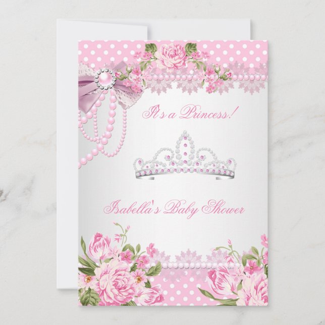 Princess Baby Shower Girl Pink Rose Polka Dots Einladung (Vorderseite)