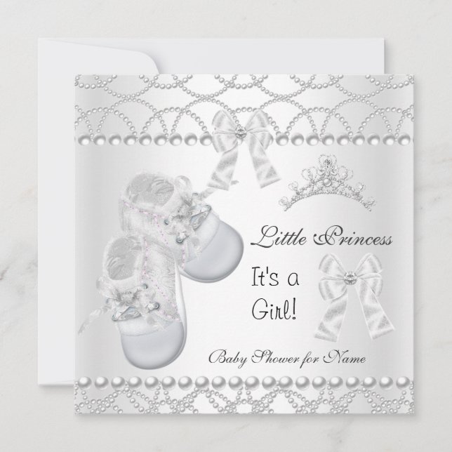 Princess Baby Shower Girl Silver White Shoes Einladung (Vorderseite)