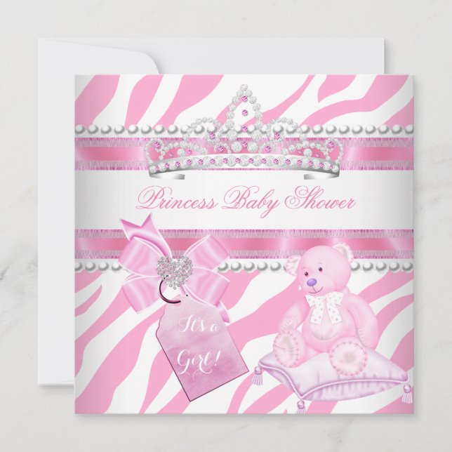Princess Baby Shower Girl Zebra Pink White Bear Einladung (Vorderseite)