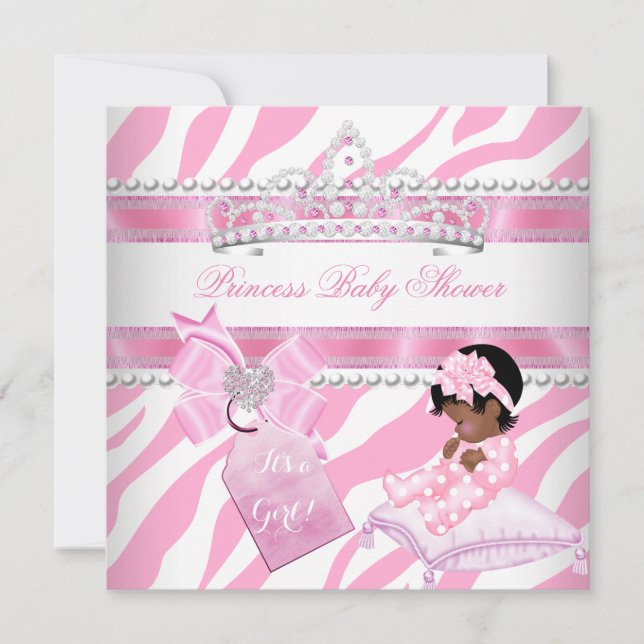 Princess Baby Shower Girl Zebra Pink White Ethnic Einladung (Vorderseite)