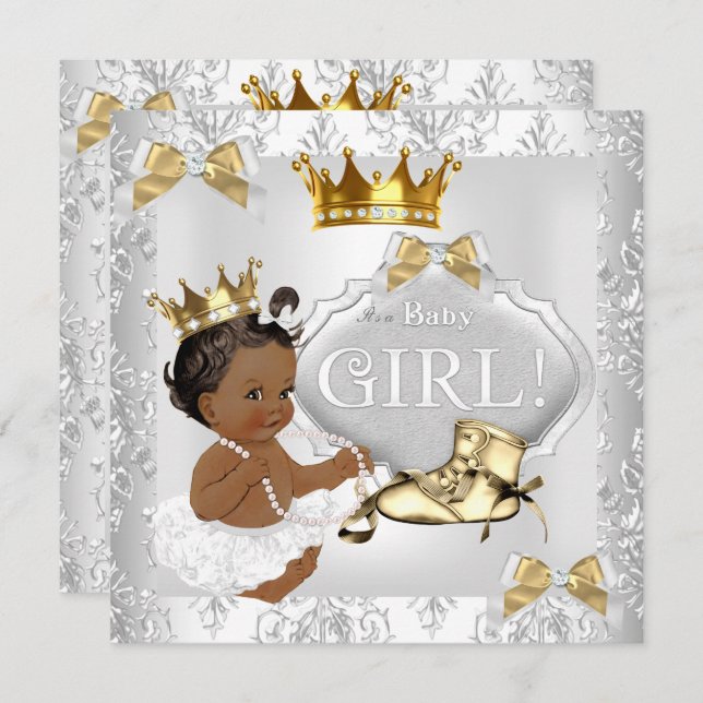 Princess Baby Shower Gold Silver Damask Ethnisch Einladung (Vorne/Hinten)