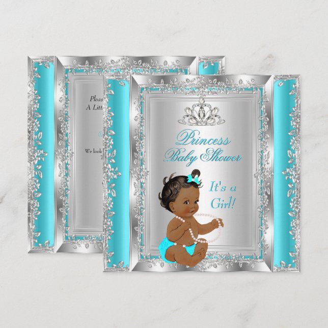Princess Baby Shower Party Aquamarin Silver Ethnic Einladung (Vorne/Hinten)