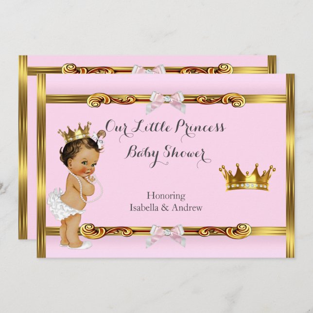 Princess Baby Shower Pink Gold Girl Brünett Einladung (Vorne/Hinten)