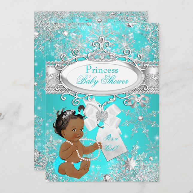Princess Baby Showflakes Aqua Ethnic Einladung (Vorne/Hinten)