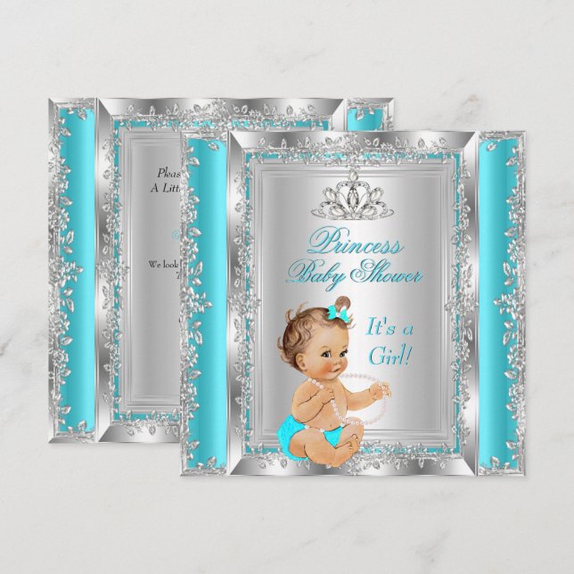Princess Baby ShowParty Aquamarin Silver Brünett Einladung (Vorne/Hinten)