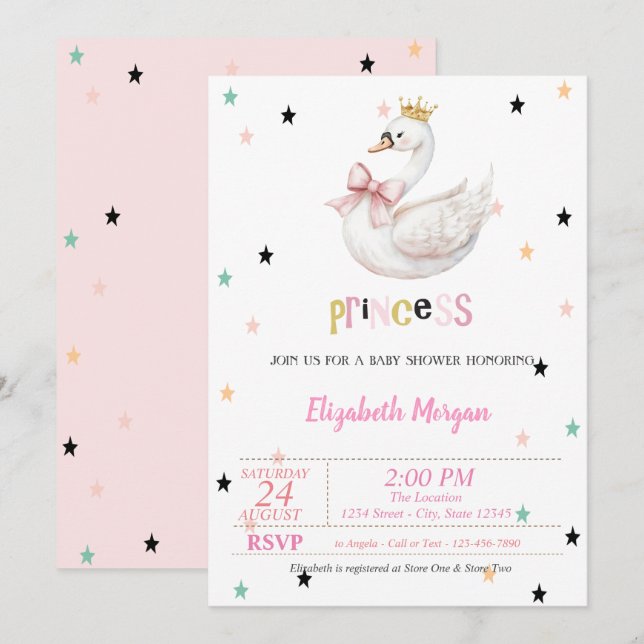 Princess Baby Swan, Stars Baby Shower Einladung (Vorne/Hinten)