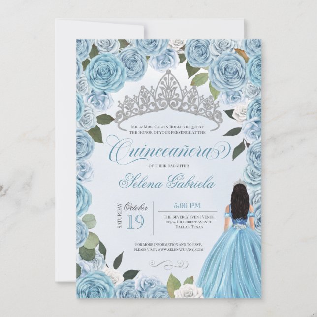 Princess Ball Blue Rose Quinceanera Einladung (Vorderseite)
