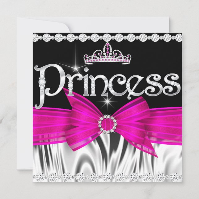 Princess Birthday Hot Pink Bow Black Silver Tiara Einladung (Vorderseite)