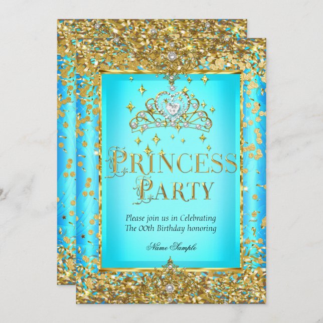 Princess Birthday Party Aquamarin Blue Gold Tiara Einladung (Vorne/Hinten)