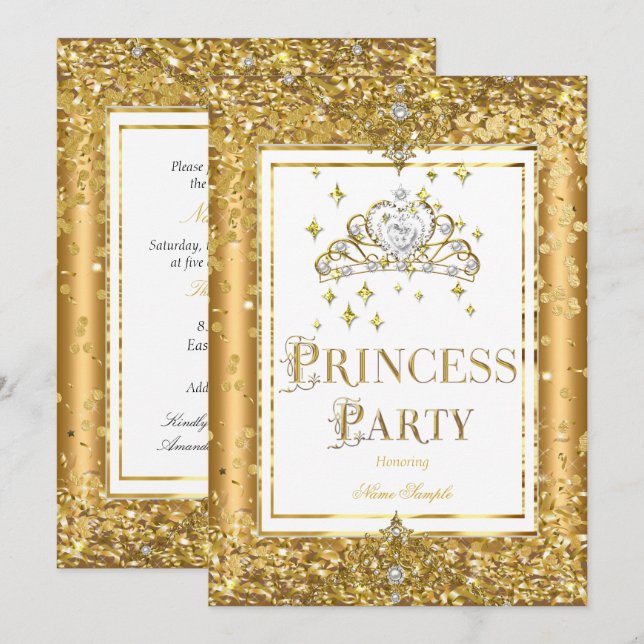 Princess Birthday Party Gold Confetti Tiara Einladung (Vorne/Hinten)