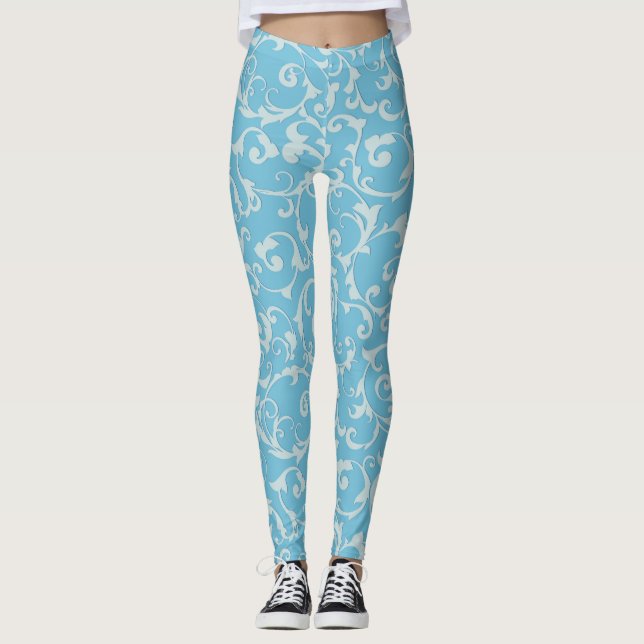 Princess Blue Elegant Royal Damask Swirl Leggings (Vorderseite)