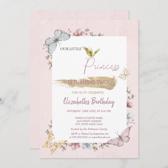 Princess Blume Schmetterlinge Rosa Geburtstag Einladung (Vorne/Hinten)