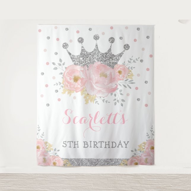 Princess Blush Floral Silver Crown Baby Birthday Wandteppich (Vorderseite)