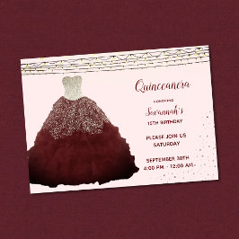 Princess Burgundy Gown String Lights Quinceanera Einladung