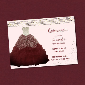 Princess Burgundy Gown String Lights Quinceanera Einladung