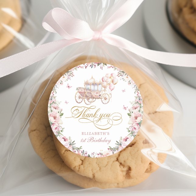 Princess Carriage Birthday Balloons Rosa und Gold Runder Aufkleber (Von Creator hochgeladen)