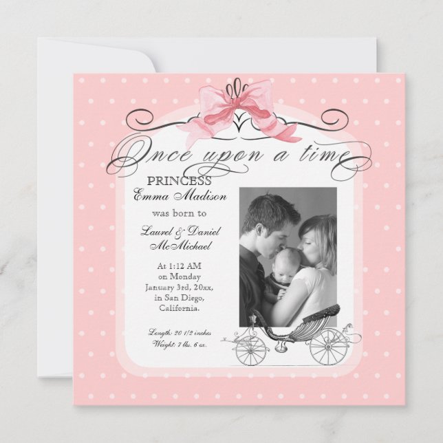 Princess Carriage Pink Ribbon Foto Baby Girl Ankündigung (Vorderseite)