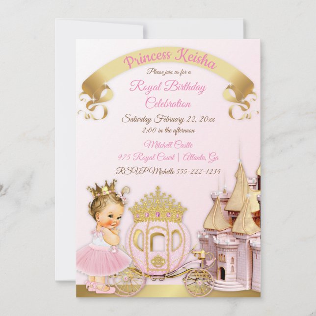 Princess Castle Carriage Pink Gold Girl Foto Einladung (Vorderseite)