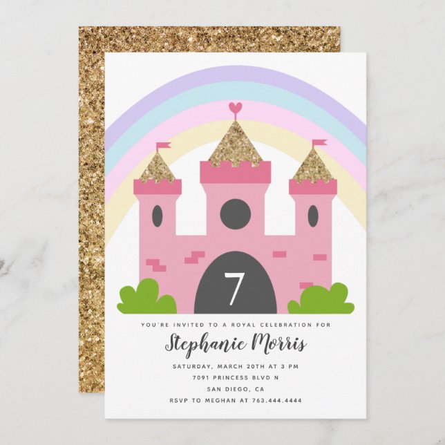 Princess Castle Pink Gold Geburtstagsparty Einladung (Vorne/Hinten)