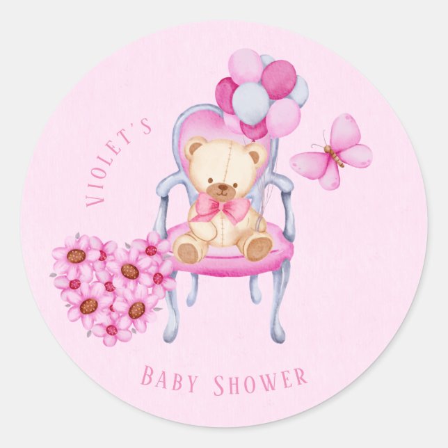 Princess Chair Teddy Bear Balloon Girl Baby Dusche Runder Aufkleber (Vorderseite)