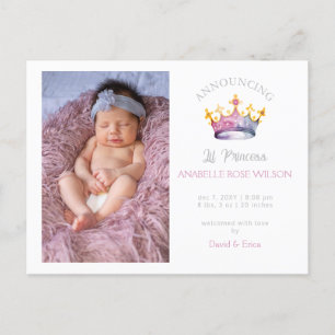 Princess Crown Girl Pink Foto Geburtsankündigung Ankündigungspostkarte
