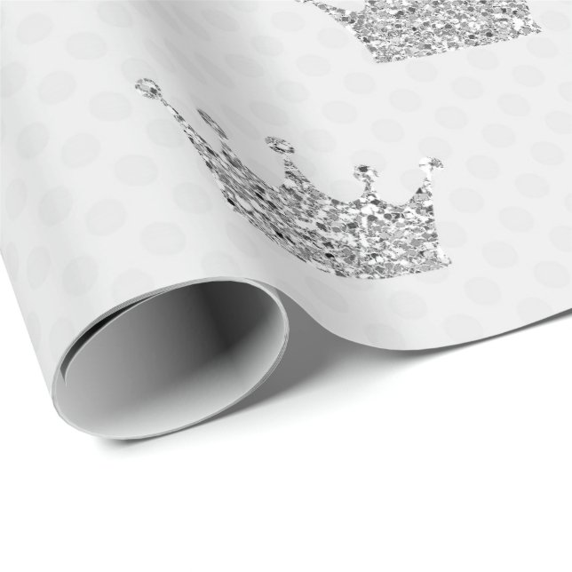 Princess Crown Gray Glitzer Silver Dots Shiny VIP Geschenkpapier (Rolleneckpunkt)