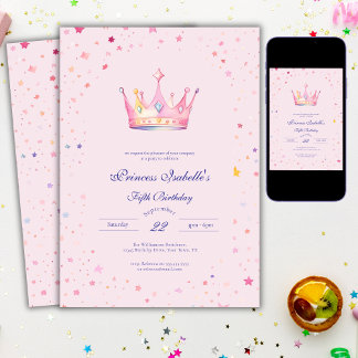 Princess Crown Pastel Pink Fairytale 5. Geburtstag Einladung