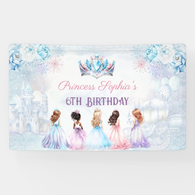Princess Crown Pink Blue Winter Girl Geburtstag Banner (Horizontal)