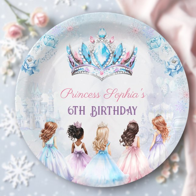 Princess Crown Pink Blue Winter Girl Geburtstag Pappteller (Princess Crown Pink Blue Winter Girl Birthday Paper Plates)