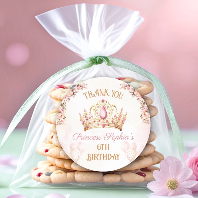 Princess Crown Pink Floral Girl Birthday Gefallen Runder Aufkleber (Princess Crown Pink Floral Girl Birthday Favor Classic Round Sticker)