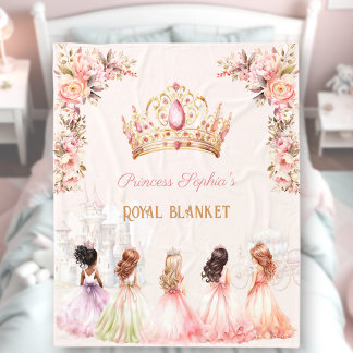 Princess Crown Pink Gold Floral Girl Name Fleecedecke