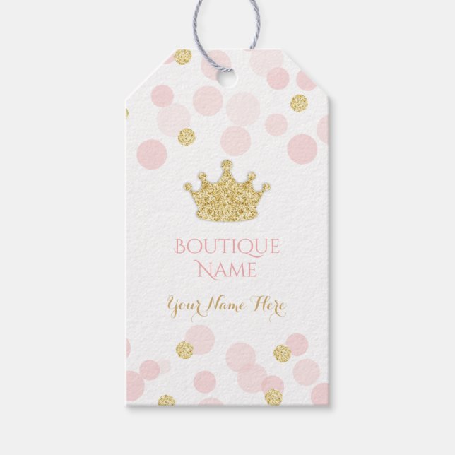 Princess Crown Pink Gold Glitzer Confetti Dots Geschenkanhänger (Vorderseite)