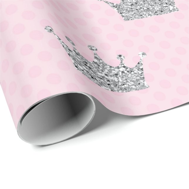 Princess Crown Pink Silver Dots Shiny Vip Geschenkpapier (Rolleneckpunkt)