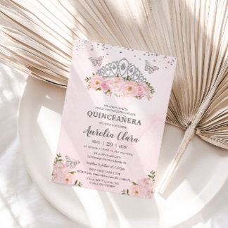 Princess Crown Quinceañera Pink Floral Butterflieg Einladung