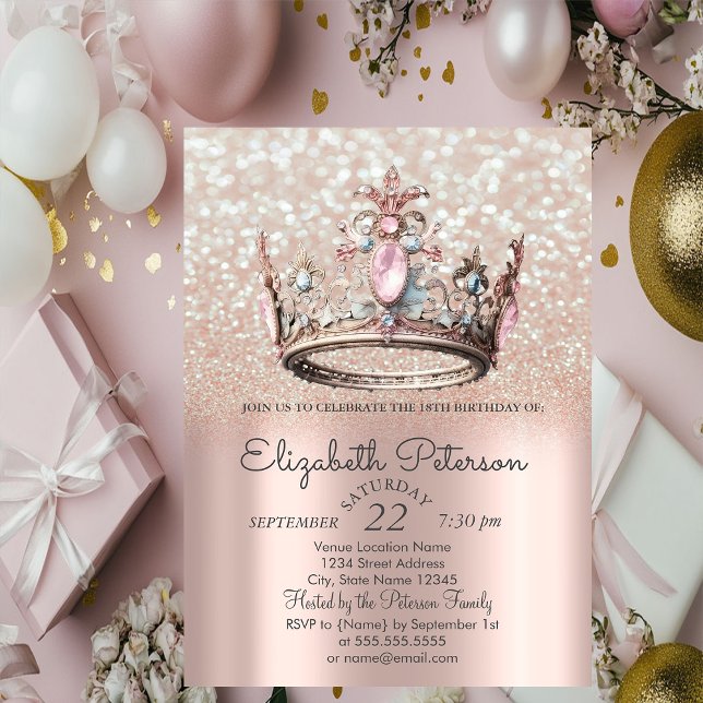 Princess Crown Rose Gold Bokeh 18. Geburtstag Einladung (Von Creator hochgeladen)