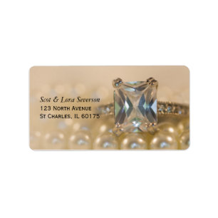 Princess Diamond Ring und White Pearls Wedding Adressaufkleber