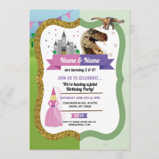 Princess & Dinosaur Boy Girl Birthday Dino Burg Einladung