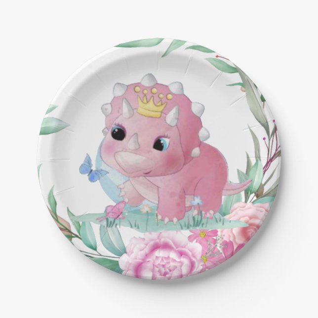Princess Dinosaur Pink Peonies Baby Dusche Pappteller (Vorderseite)