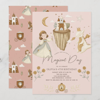 Princess & Dragon Boho Fairytale Pink Birthday Einladung