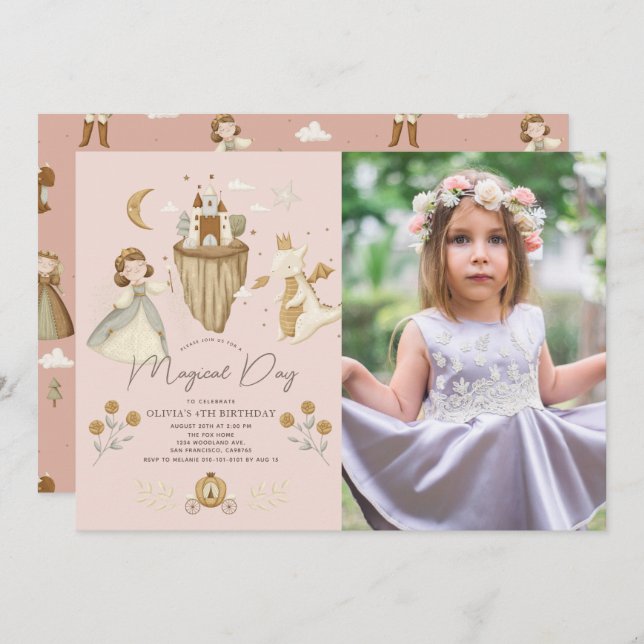 Princess Dragon Boho Fairytale Pink Birthday Foto Einladung (Vorne/Hinten)