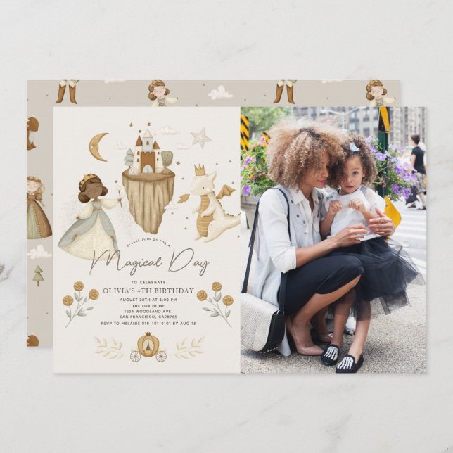 Princess Dragon Fairytale Dark Skin Birthday Foto Einladung (Vorne/Hinten)