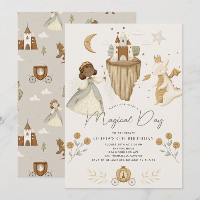 Princess Dragon Fairytale Dark Skin Girl Birthday Einladung (Vorne/Hinten)