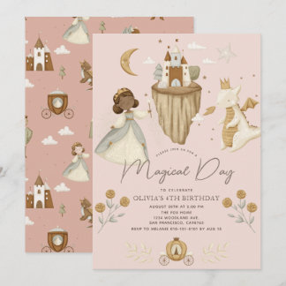 Princess Dragon Fairytale Dark Skin Pink Birthday Einladung