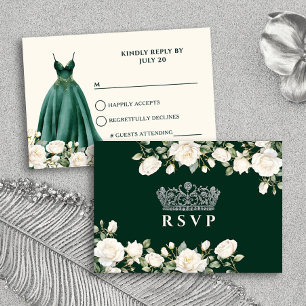 Princess Dress and Rose Emerald Green Quinceanera RSVP Karte
