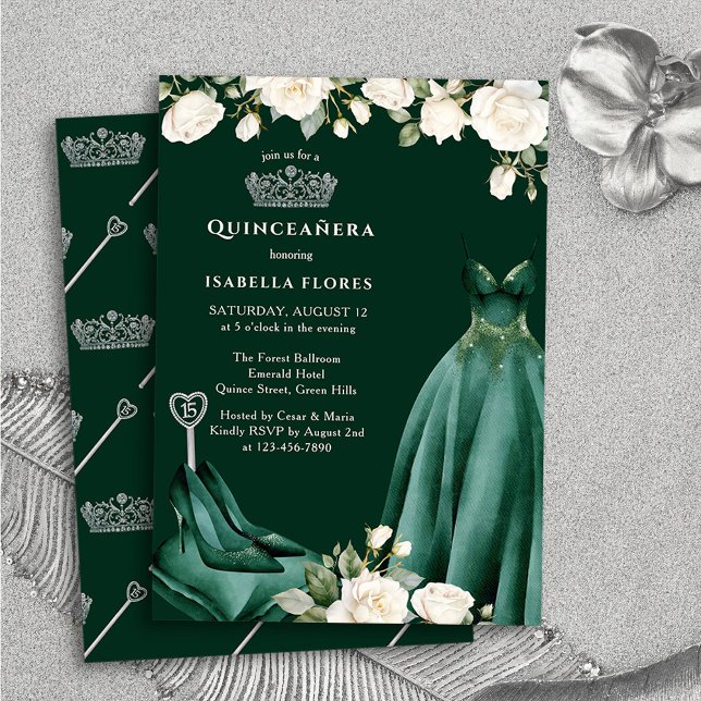 Princess Dress and Rose Green Quinceanera Einladung (Quinceanera Invitation from the Princess Dress and Roses Quinceanera Collection by Darling & May)