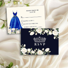 Princess Dress and Rose Royal Blue Quinceanera RSVP Karte